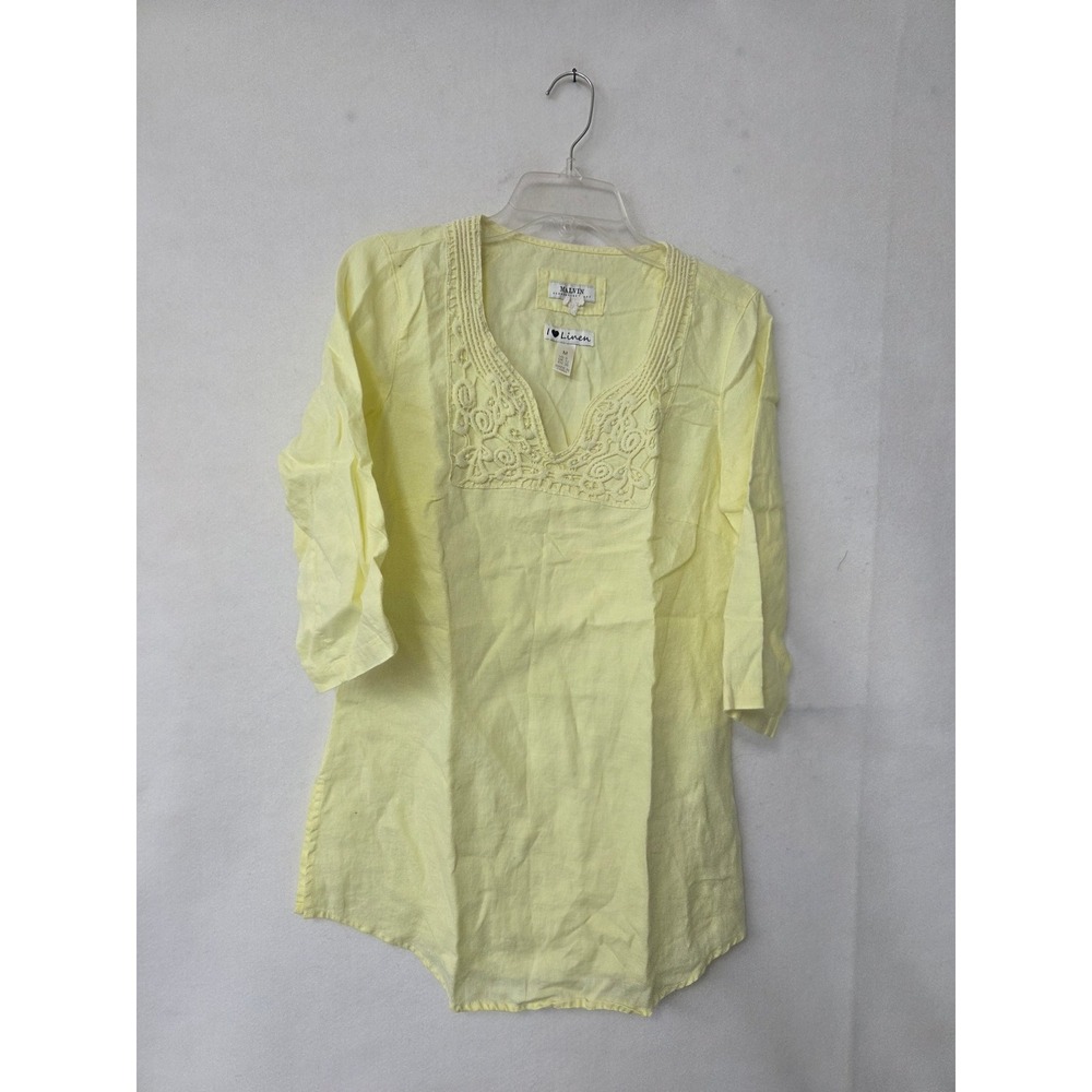 Malvin Linen Tunic Top Womens Medium Yellow Crochet Lace V-Neck 3/4 Sleeve Stain